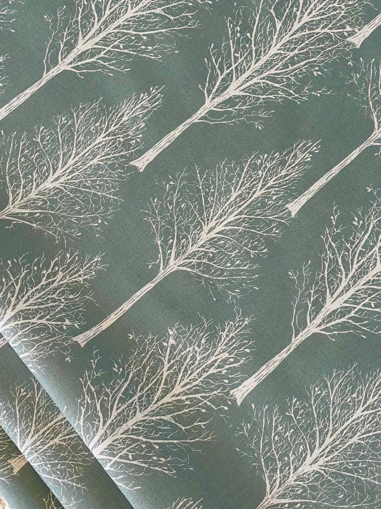 Scandinavian Forest Tree Fabric – Green Linen Look Cotton for Home Décor & Upholstery
