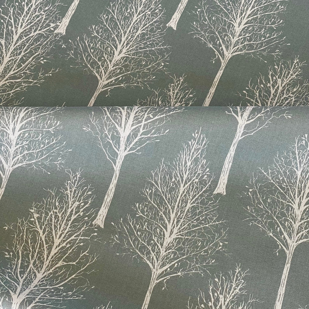 Scandinavian Forest Tree Fabric – Green Linen Look Cotton for Home Décor & Upholstery