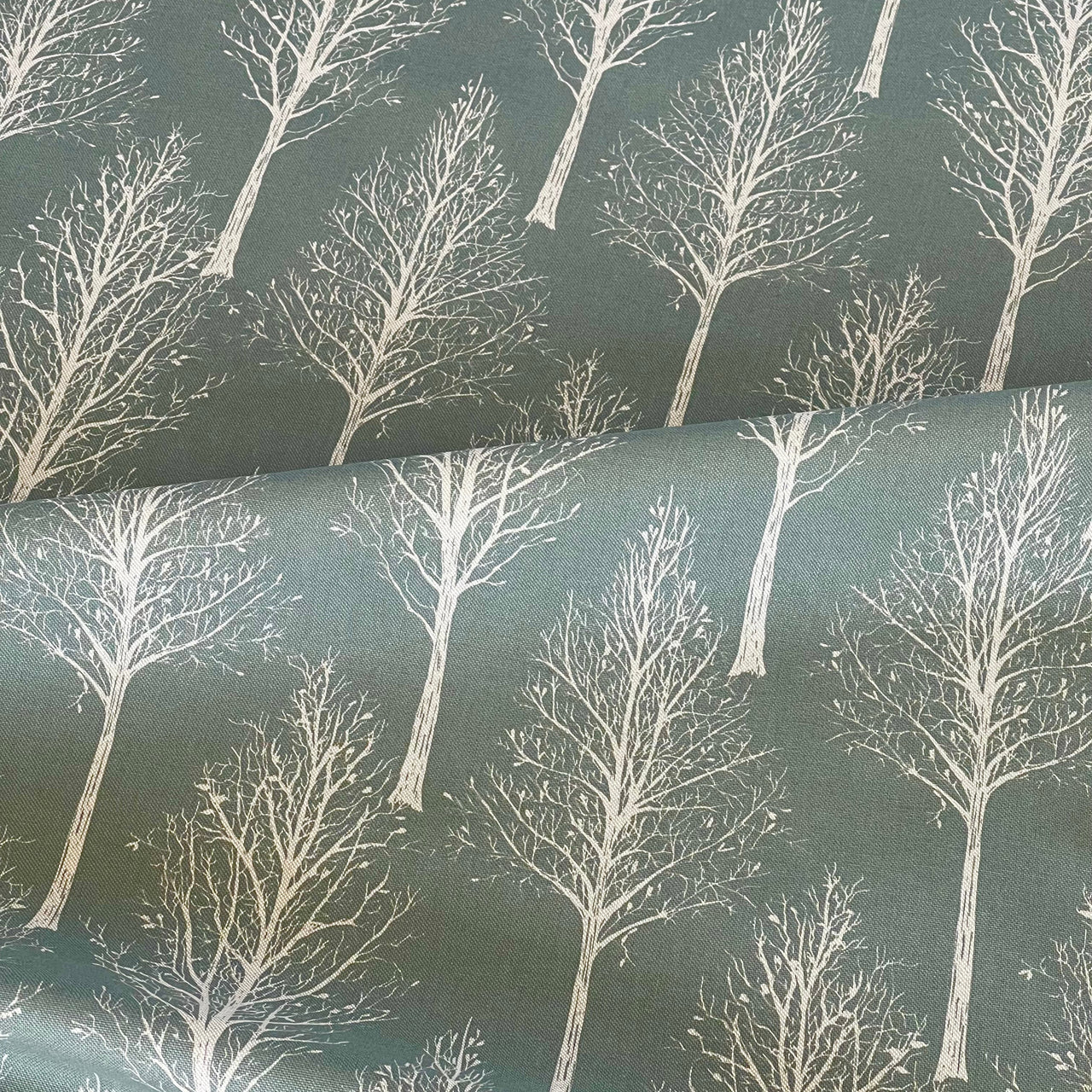 Scandinavian Forest Tree Fabric – Green Linen Look Cotton for Home Décor & Upholstery