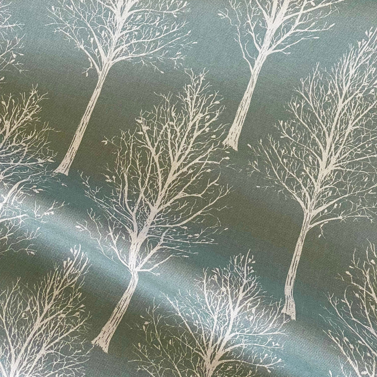 Scandinavian Forest Tree Fabric – Green Linen Look Cotton for Home Décor & Upholstery