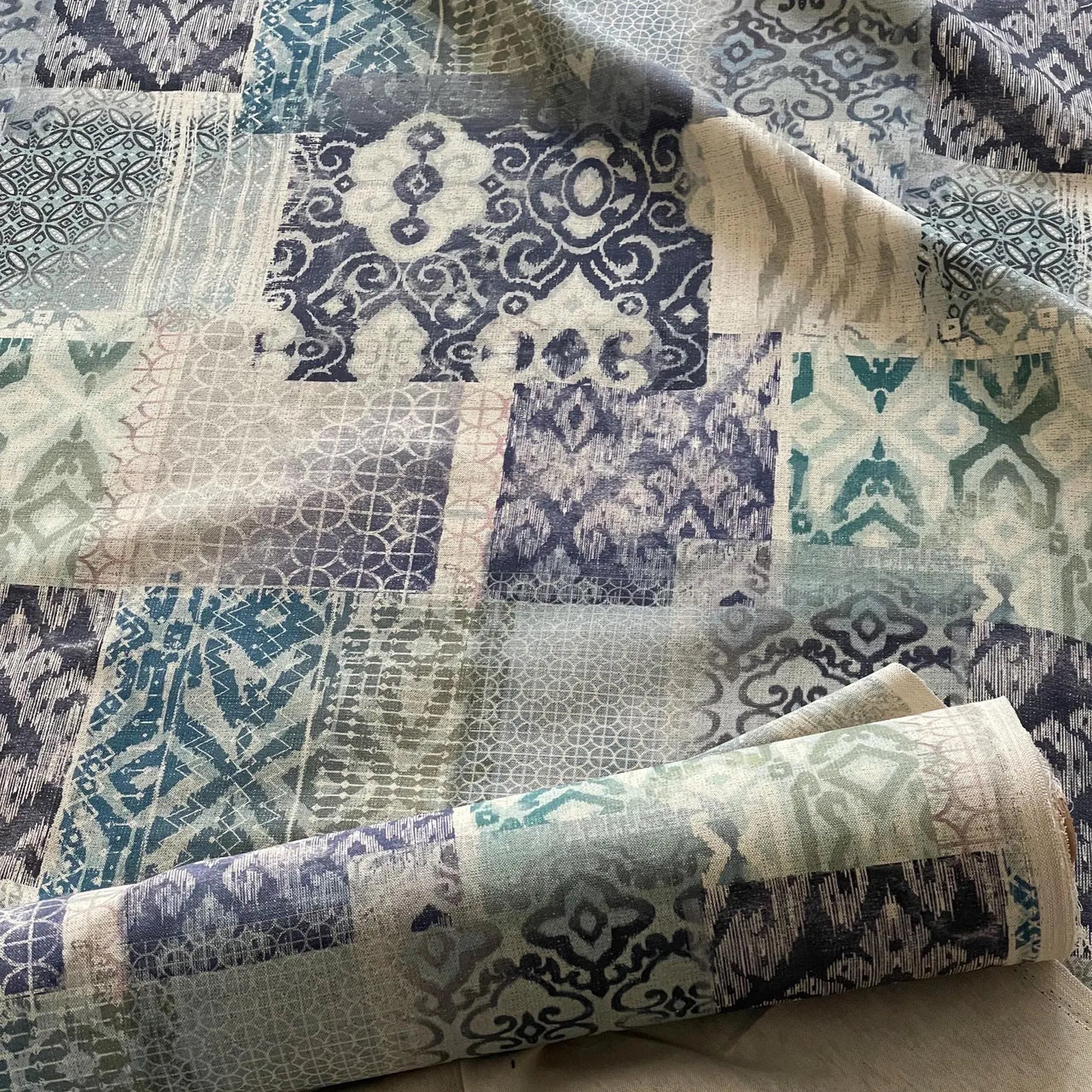 Modern geometric mosaic fabric in teal, grey and natural beige