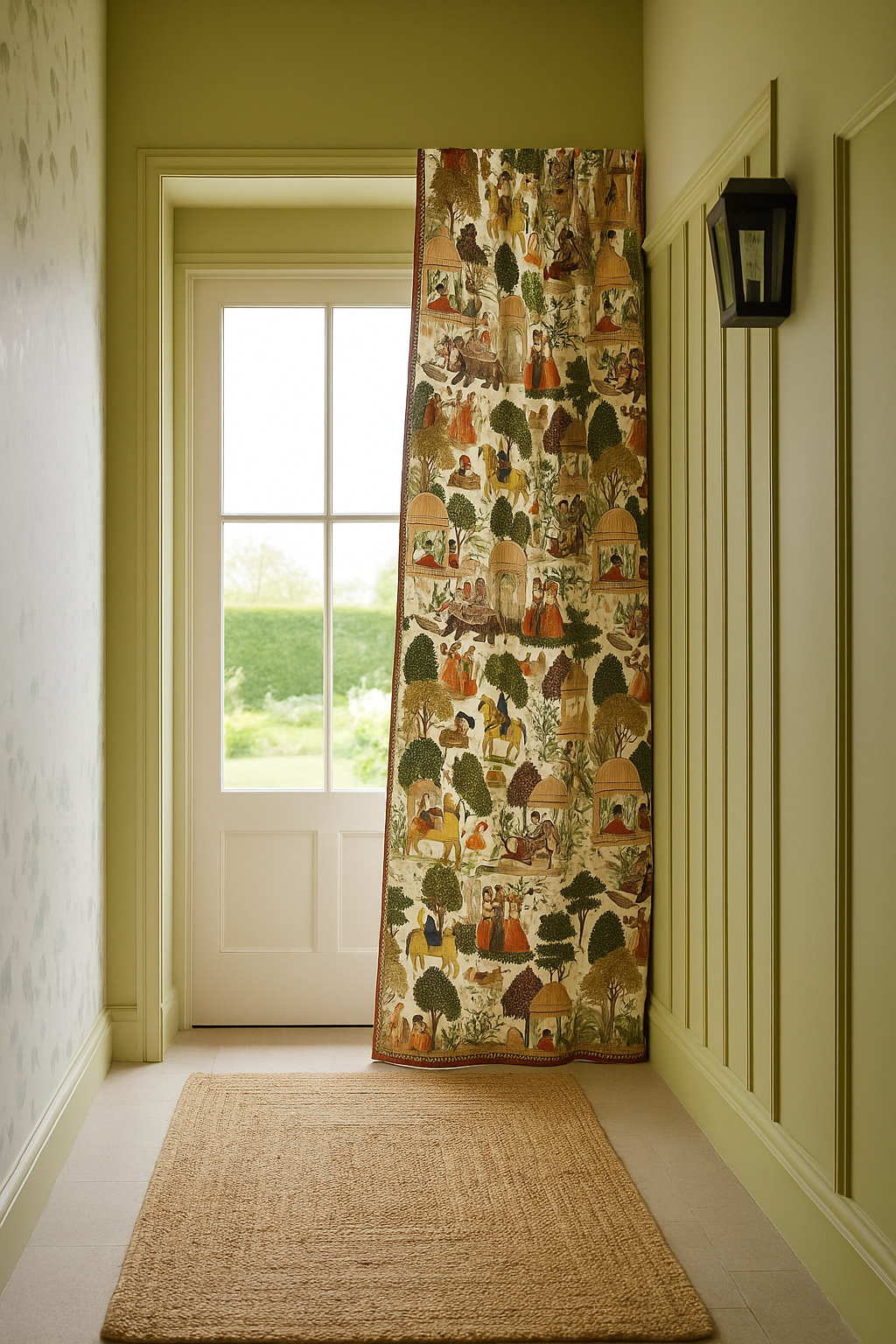 Decorative curtain with a pattern of houses and trees in a hallway with a door and rug.