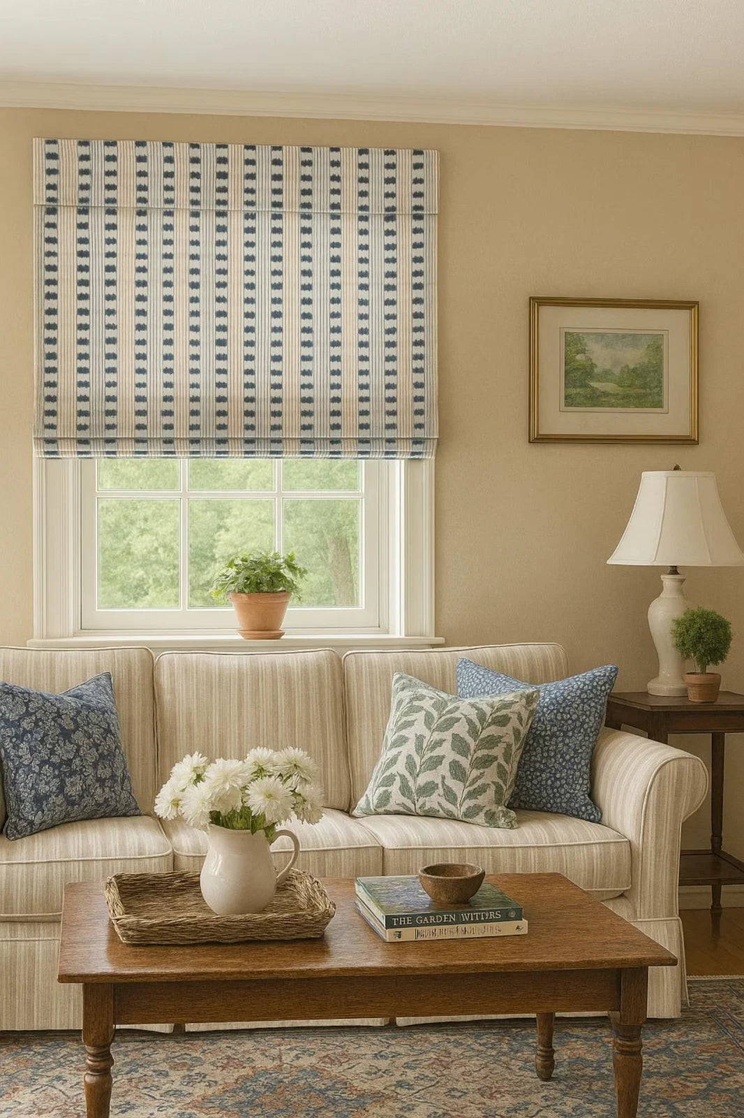 Indigo stitch stripe cotton linen fabric in blue and natural tones for coastal home décor