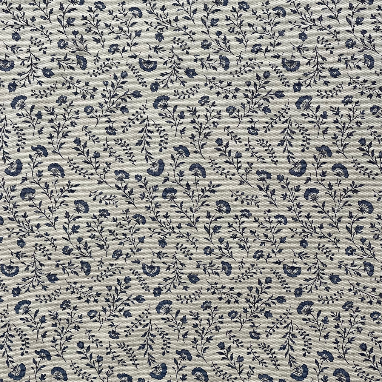 Woven cotton polyester floral fabric in Delft blue style