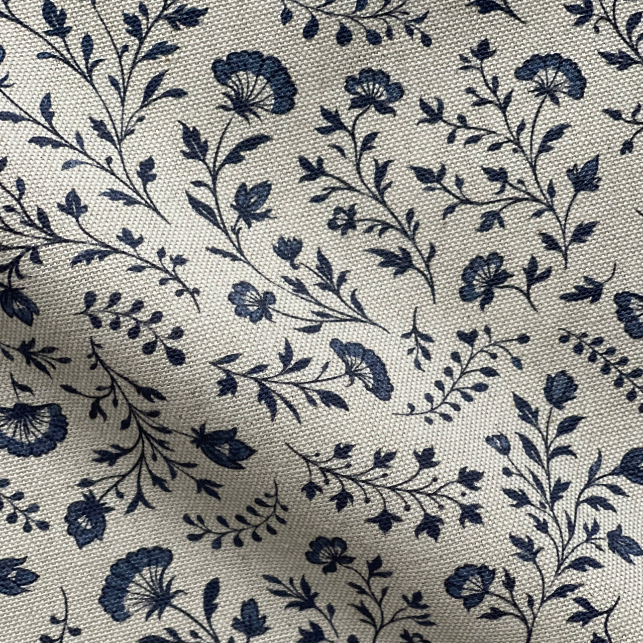 Dutch Meadow floral fabric in indigo blue linen look cotton blend
