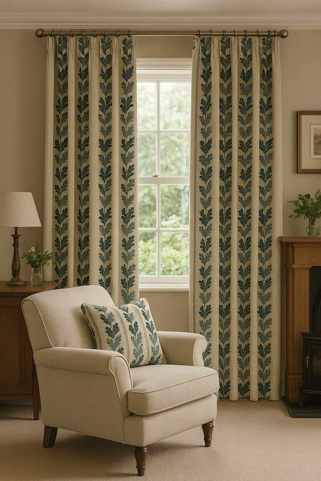 Living room with a beige armchair, decorative pillows, and leaf-patterned curtains.
