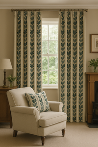 Thumbnail for Living room with a beige armchair, decorative pillows, and leaf-patterned curtains.