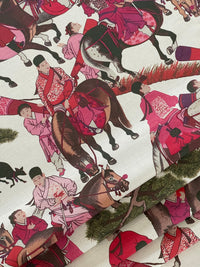 Thumbnail for Close-up of Mongolian riders in red and pink on beige cotton textile