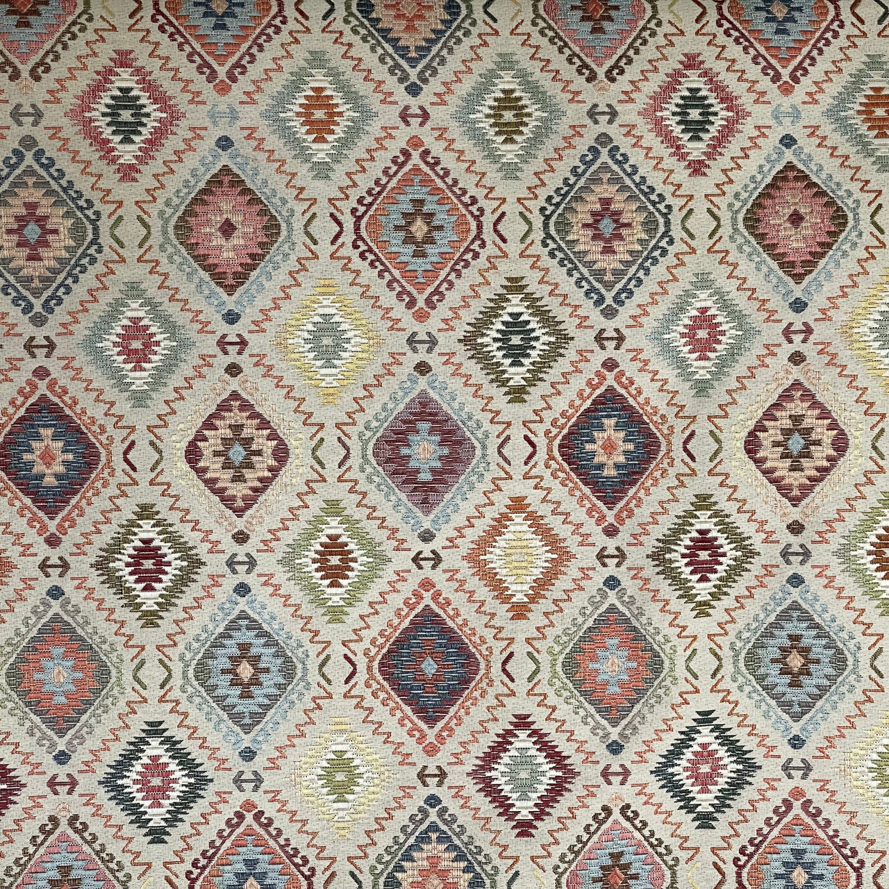 Folk-style upholstery fabric in traditional kilim patterns