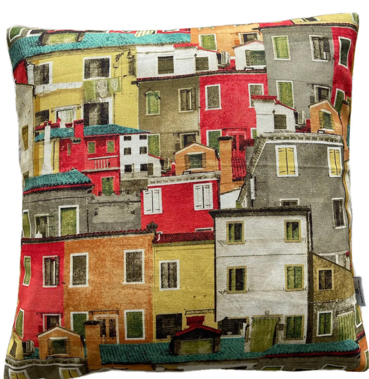 Red and orange Mediterranean village cushion cover