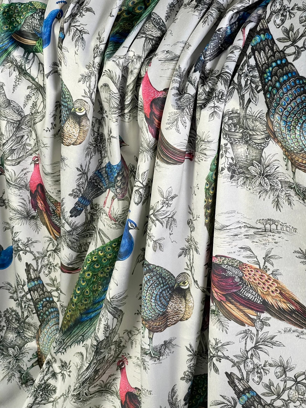 Floral botanical peacock velvet fabric sold by the meter