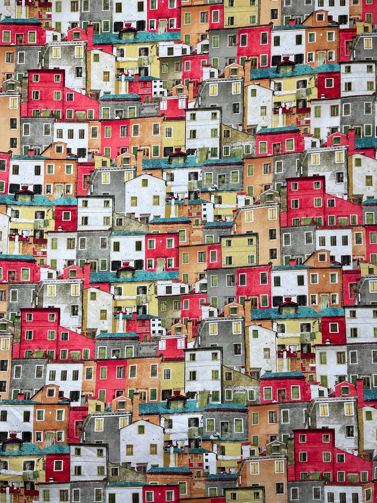 Detailed view of Positano-inspired printed cotton fabric, highlighting the texture and intricate architectural house designs.