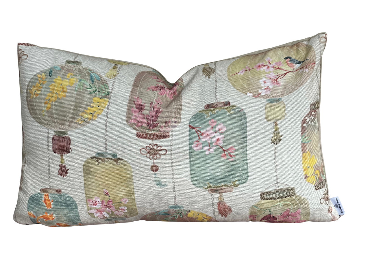 Ivory rectangular Celestial Lanterns cushion cover featuring pastel Asian lanterns, koi fish, cherry blossoms and birds on cotton blend fabric.