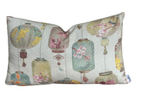 Thumbnail for Ivory rectangular Celestial Lanterns cushion cover featuring pastel Asian lanterns, koi fish, cherry blossoms and birds on cotton blend fabric.