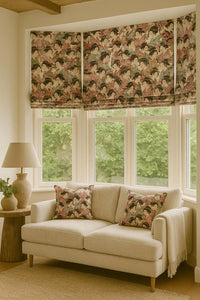 Thumbnail for Roman blinds and cushions made with Japanese Geisha Blossom cotton fabric in a neutral living room.