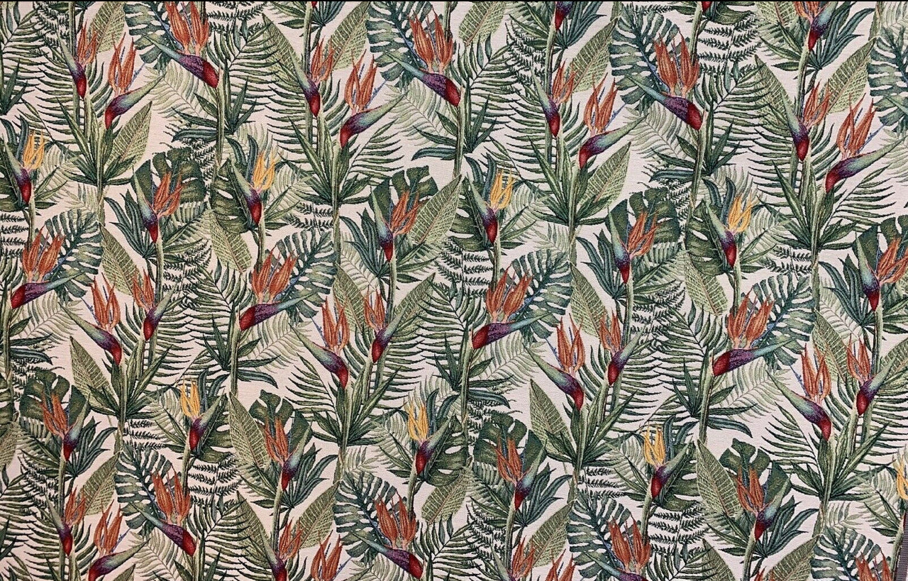Upholstery fabric featuring Birds of Paradise flowers
