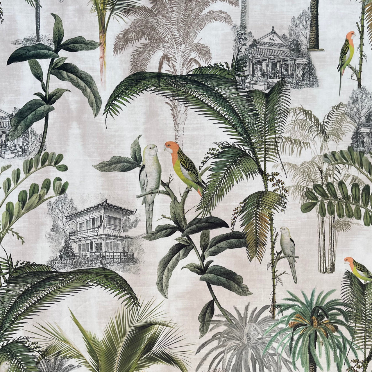 Vintage pagoda and parrots tropical fabric close-up