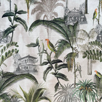 Thumbnail for Vintage pagoda and parrots tropical fabric close-up