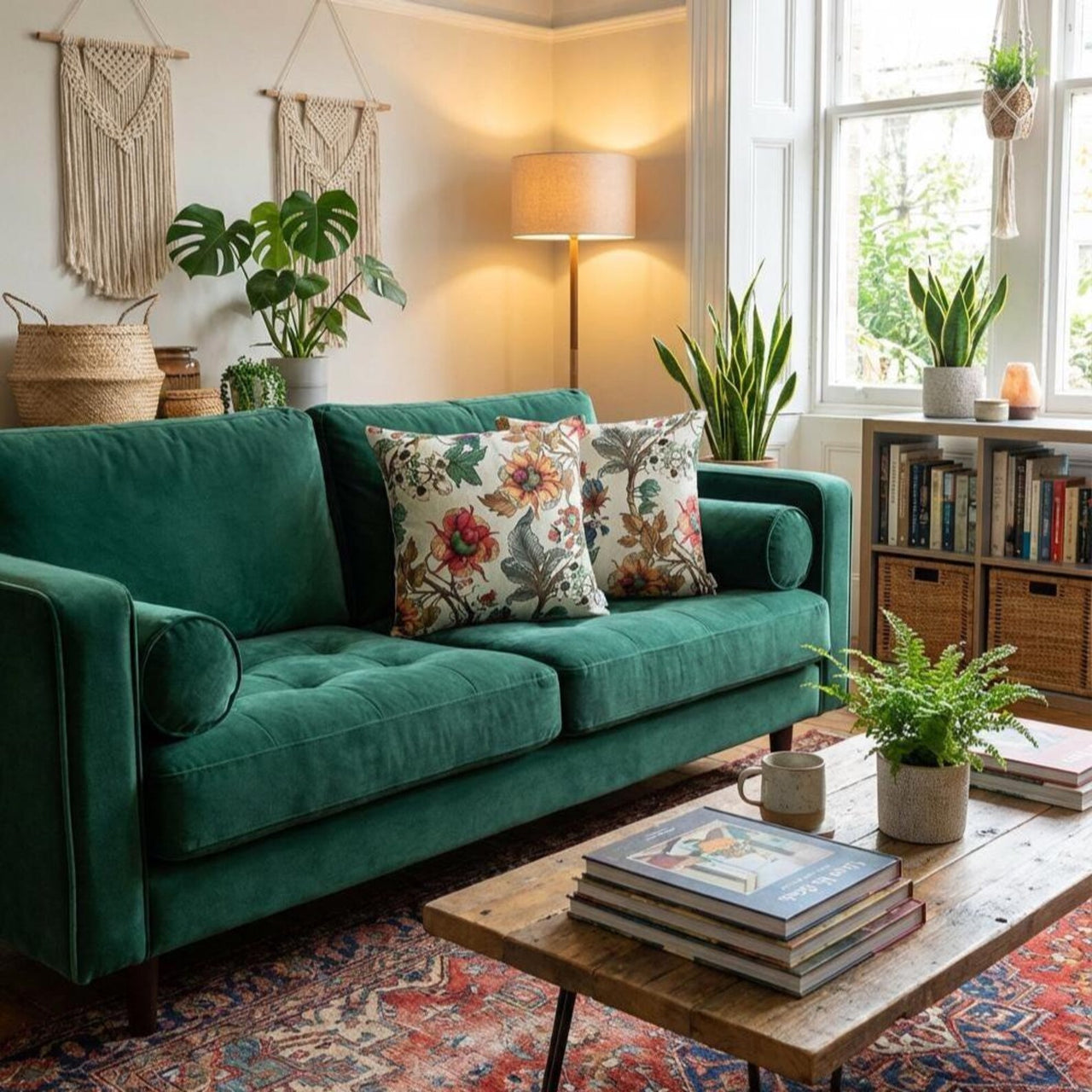 Heritage Garden floral cushion covers styled with warm botanical colours for country interiors.