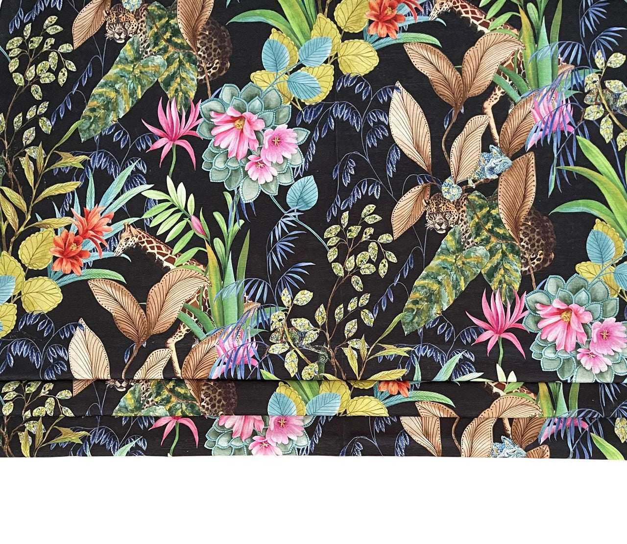 Black fabric with tropical rainforest design and wild animals