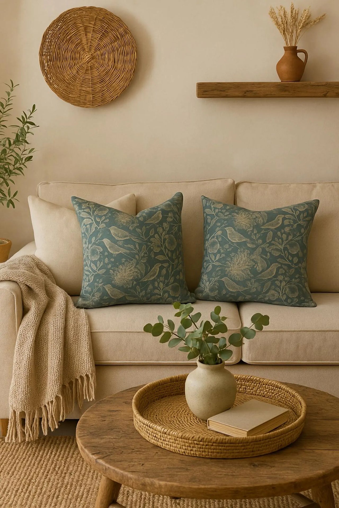 Blue decorative pillow with robin and foliage design