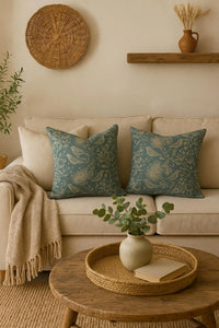 Thumbnail for Blue decorative pillow with robin and foliage design