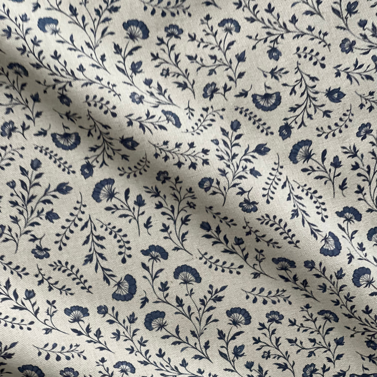 Cottagecore indigo floral fabric for upholstery and soft furnishings