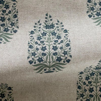 Thumbnail for Soft blue botanical medallion fabric on natural linen look background close up