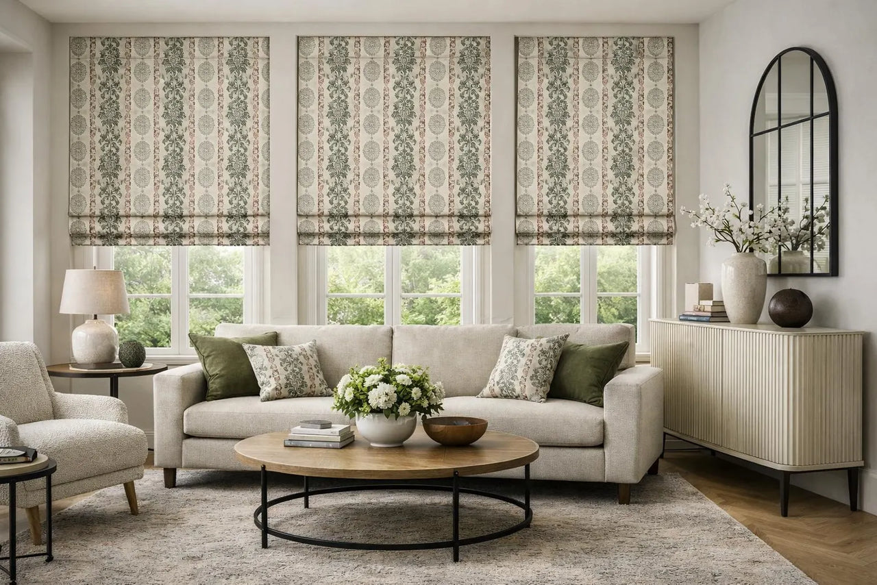 Scandinavian folk botanical fabric with medallion motifs in sage green and rust tones