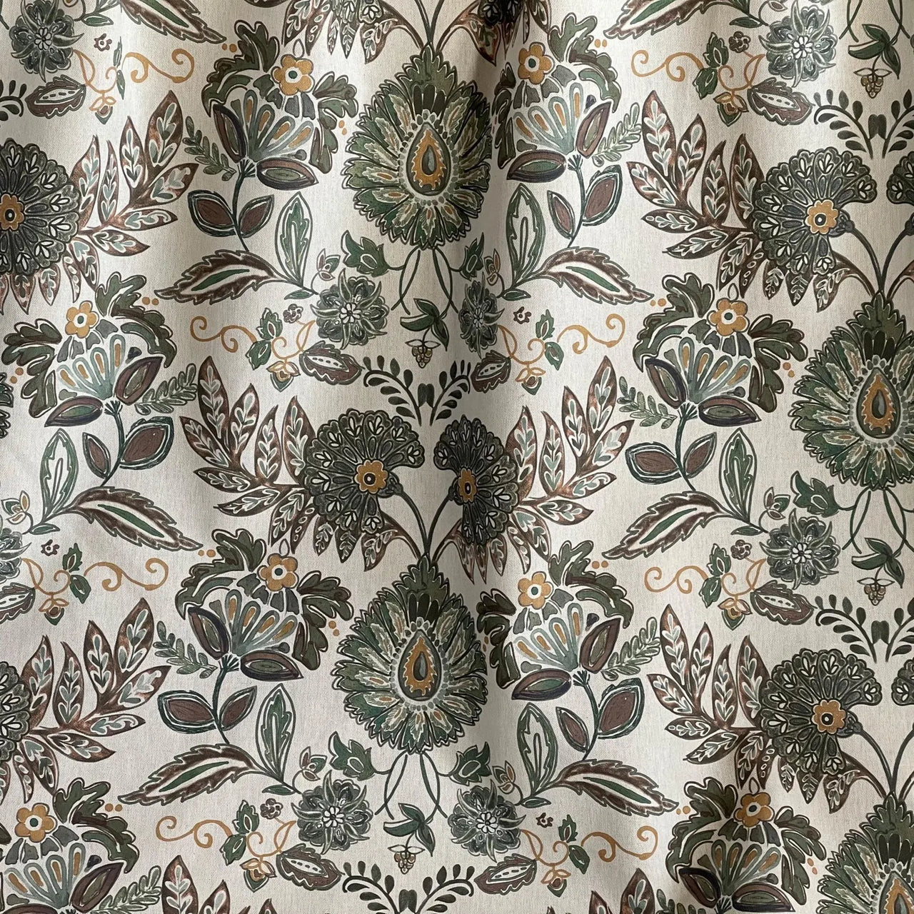 Classic floral furnishing fabric with sage green highlights