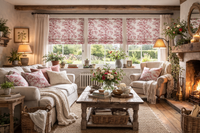 Thumbnail for Linen look fabric with red botanical pattern for curtains and Roman blinds