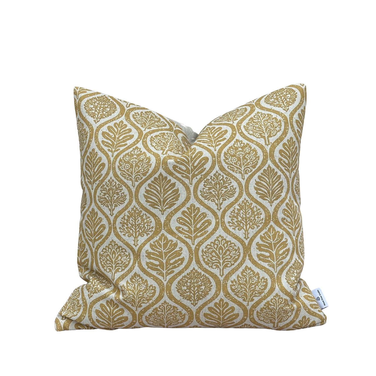 Mustard yellow throw pillow cover with stylised leaf ogee pattern Scandinavian style