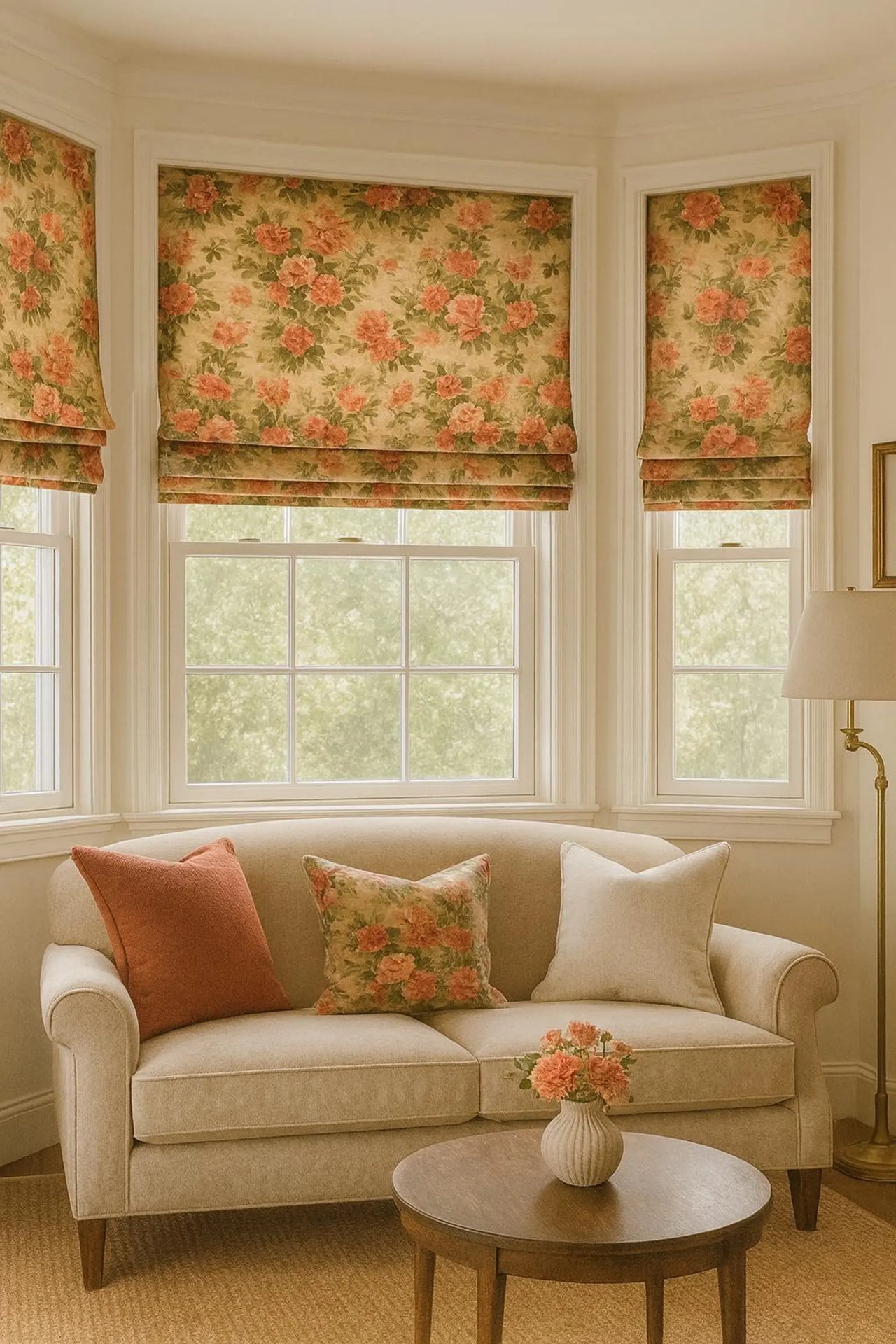 Vintage Rose Garden cotton floral fabric used for Roman blinds and curtains in a cozy living room, featuring soft pink and coral roses on a beige background, styled with a neutral sofa and decorative cushions.