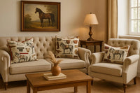 Thumbnail for Living room with beige sofa, armchair, and coffee table with decorative pillows and a horse painting on the wall.