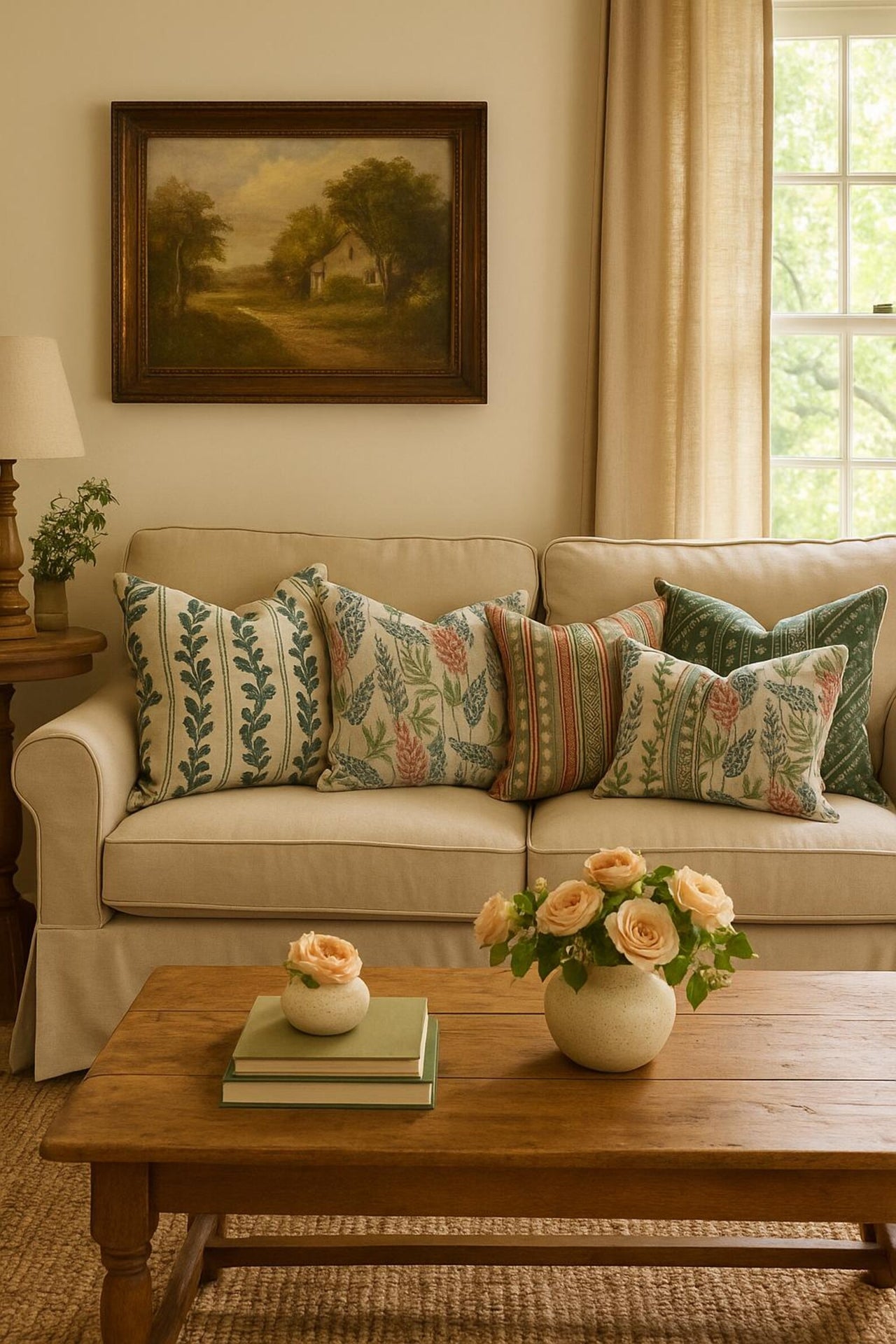 Sofa vignette showing clover cushion centred between striped pillows.