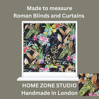 Thumbnail for Floral patterned Roman blind with 'Home Zone Studio' branding on a brown background
