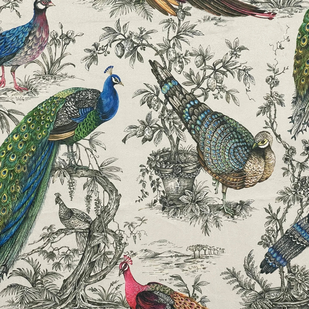 Peacock and pheasant Italian velvet fabric with floral botanical pattern for upholstery and curtains