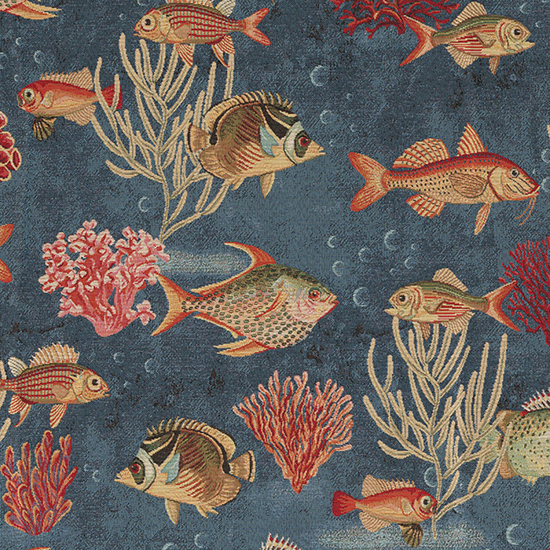 Underwater-themed upholstery fabric in blue tones.

