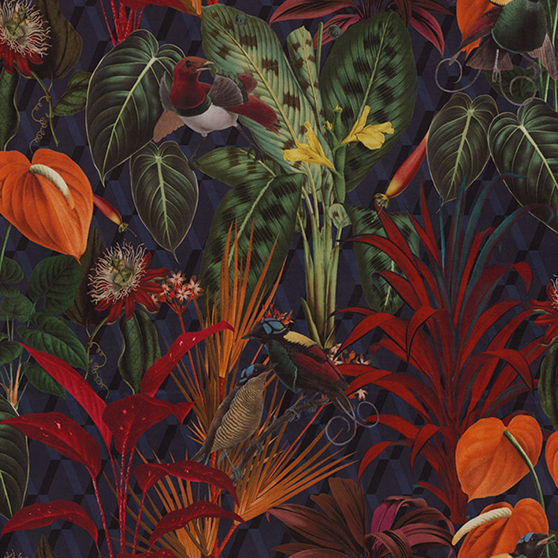 Botanical velvet fabric with tropical bird pattern


