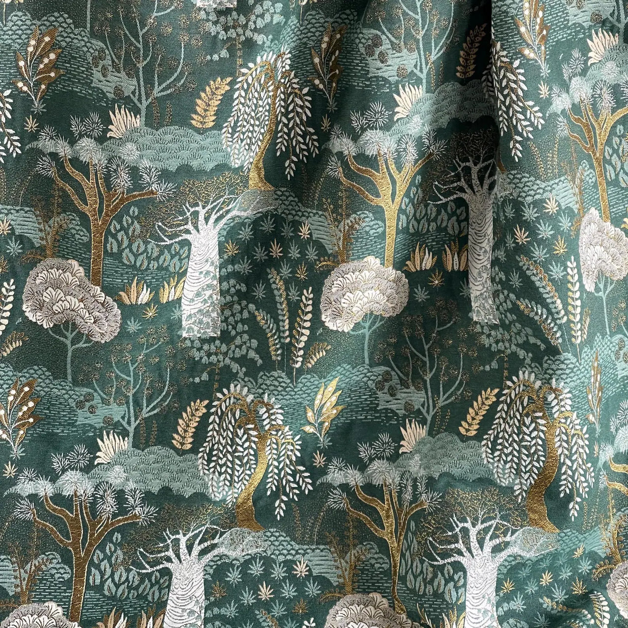 Baobab Tree of Life woven fabric in green white and gold botanical design