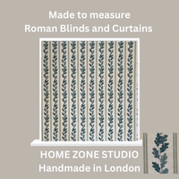 Thumbnail for Roman blind with leaf pattern on a gray background, featuring text about Home Zone Studio.