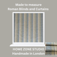 Thumbnail for Roman blind with striped pattern on a gray background, featuring text about Home Zone Studio.