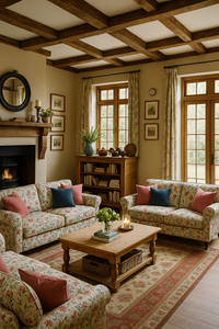 Thumbnail for Cozy living room with floral sofas, wooden coffee table, and large windows.