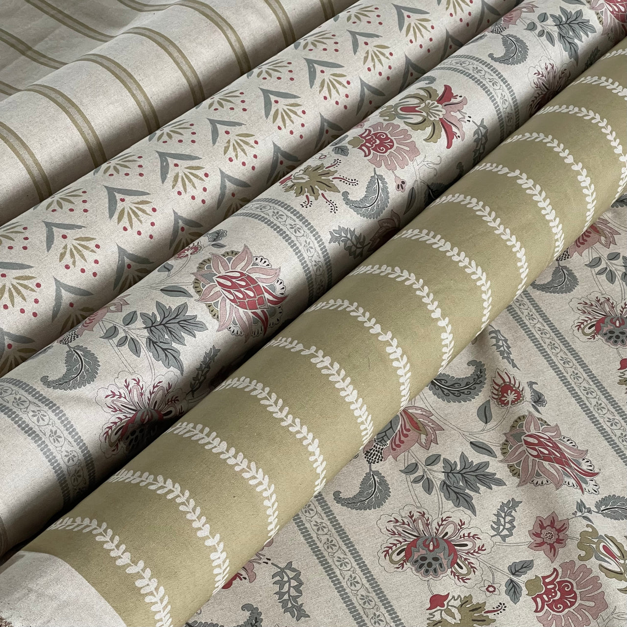 Duckegg botanical upholstery fabric with farmhouse stripe and floral coordinating fabrics.