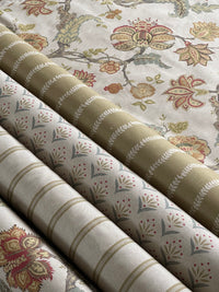 Thumbnail for Duckegg botanical curtain fabric stacked with coordinating farmhouse stripe and floral fabrics.