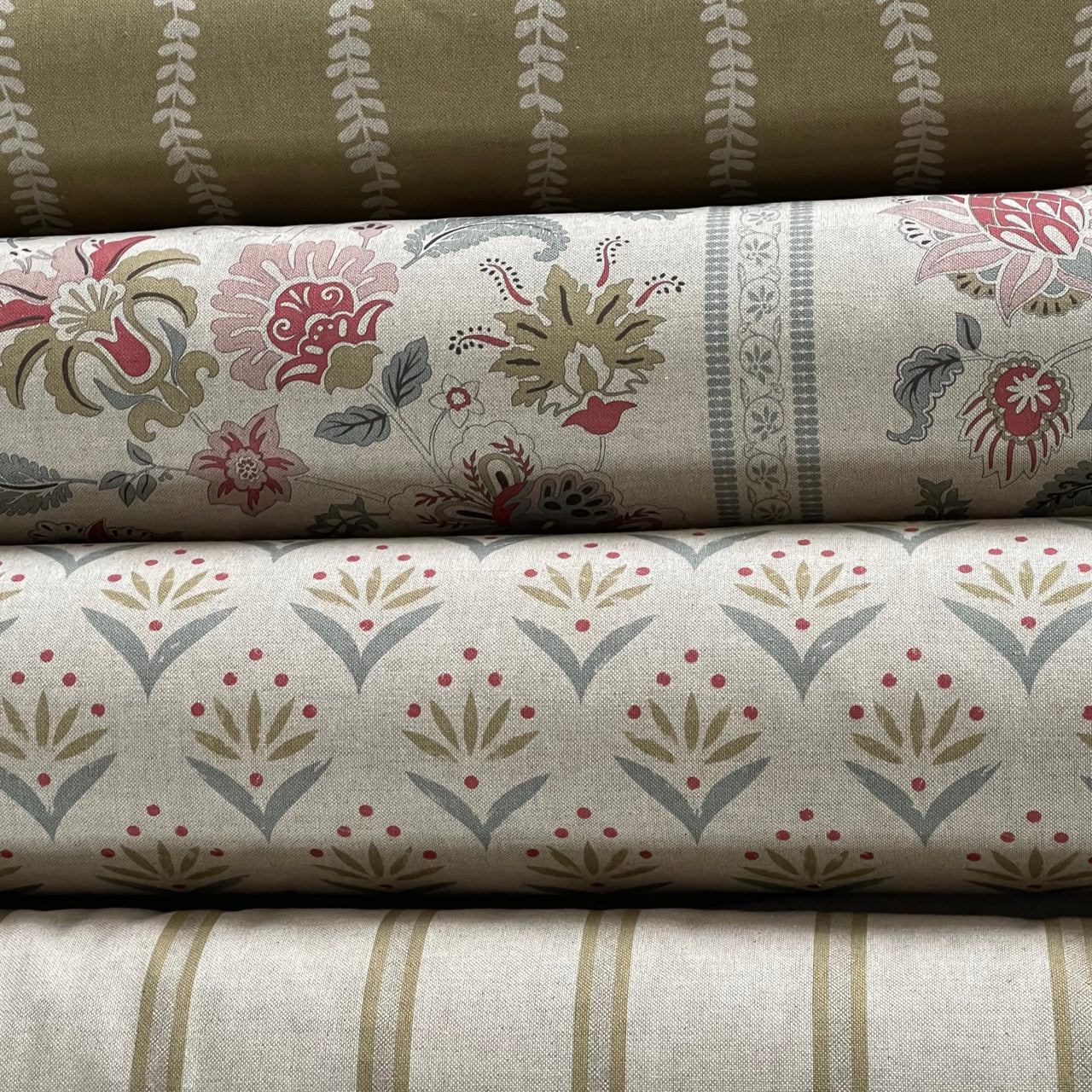 Duckegg botanical curtain fabric with matching country farmhouse textile collection.