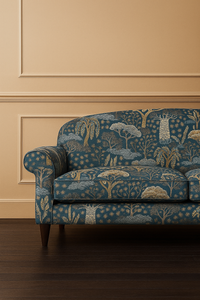 Thumbnail for A stylish upholstered sofa featuring a bold blue Baobab fabric with intricate tree and foliage patterns. The sofa is placed against a light-colored wall with panel detailing and sits on a dark wooden floor, creating a striking contrast and elegant setting.