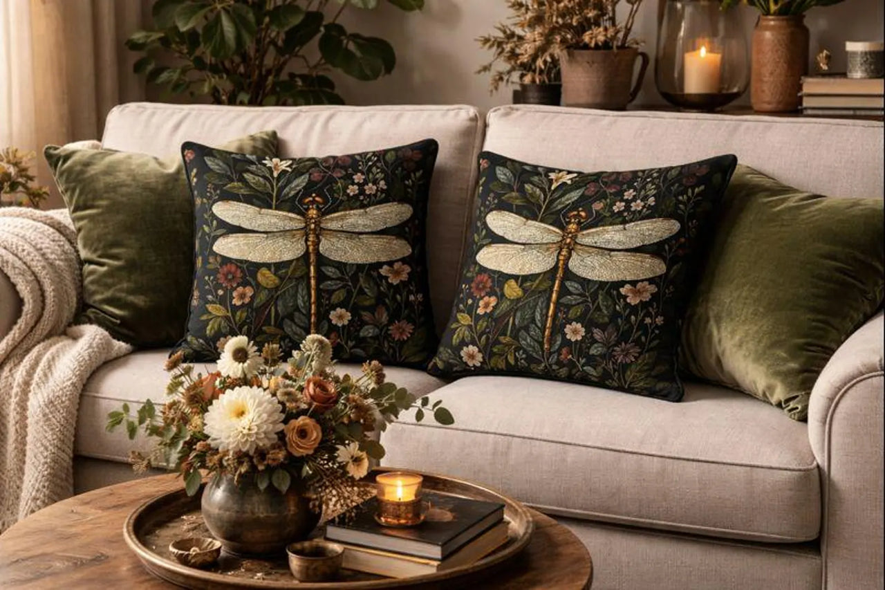 Vintage Floral Dragonfly Velvet Cushion