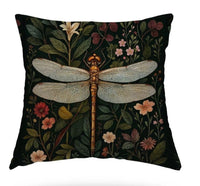 Thumbnail for Dragonfly velvet cushion cover with dark botanical floral design