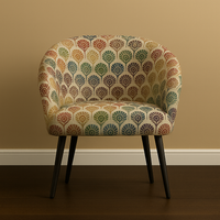 Thumbnail for Accent chair upholstered in multicolor peacock feather pattern fabric against a warm beige wall